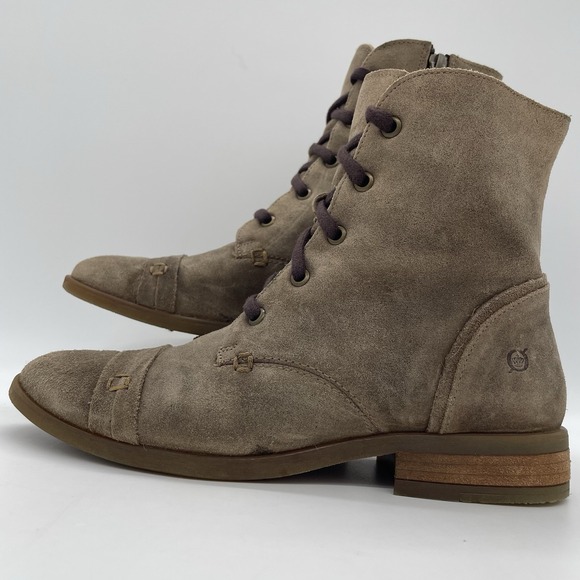 Born Womens 7.5 Boots Dunay Brown Suede Leather Cap Toe Combat Lace Up Side Zip - Picture 1 of 16
